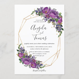 Convite Quadro Geométrico Dourado de Casamento Floral de 