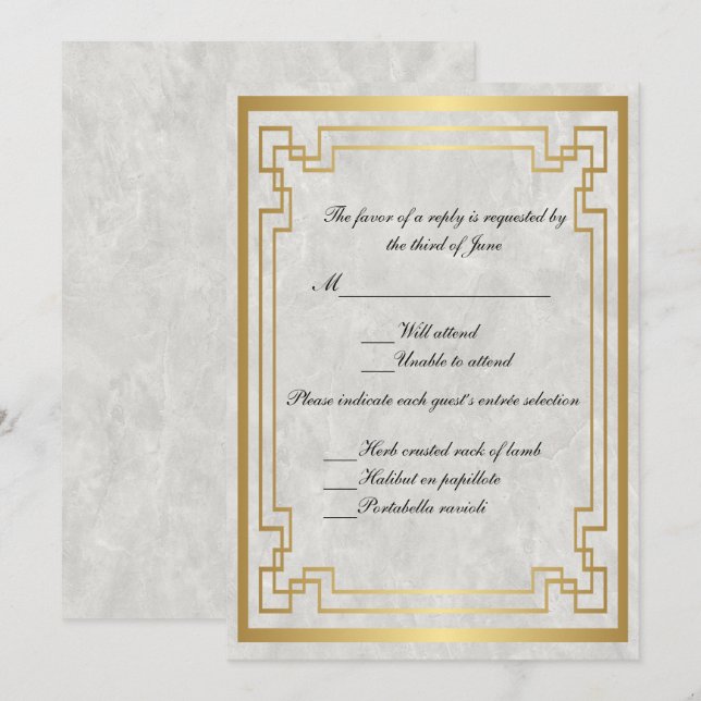 Convite Quadro Geométrico Dourado Resposta de Casamento Má (Frente/Verso)