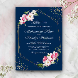 Convite Quadro Geométrico Floral Azul Marinho Casamento Is