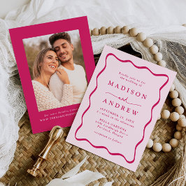 Convite Quadro Moderno Cor-de-Rosa Ondulado Foto Casamento