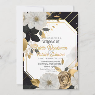 Convite Quadro Negro Dourado de Casamento Floral Branco El