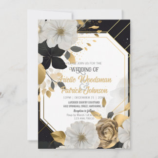 Convite Quadro Negro Dourado de Casamento Floral Branco El