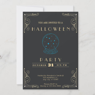 Convite Quadro Negro e Bola de Cristal Dourada Halloween
