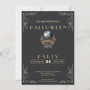 Convite Quadro Negro e Bola de Cristal Dourada Halloween