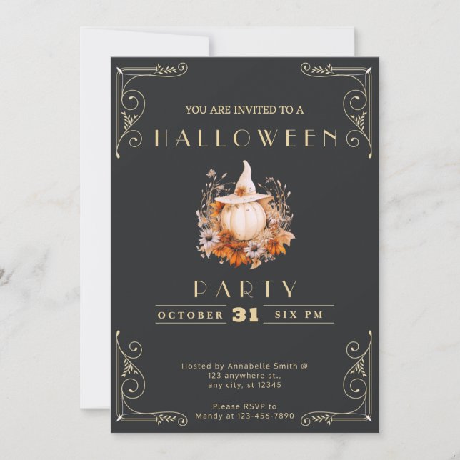 Convite Quadro negro e Dourado Dia das Bruxas Brancas (Frente)