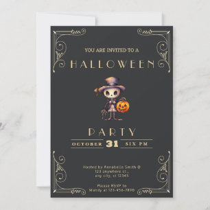 Convite Quadro Negro e Dourado Ghoul Cartola Halloween
