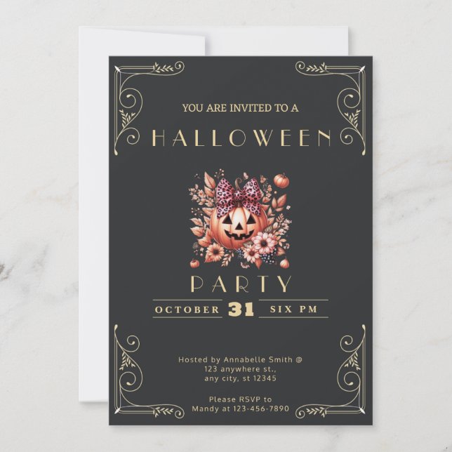 Convite Quadro negro e Dourado Jack-O' Lanterna Halloween (Frente)