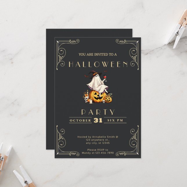 Convite Quadro negro e Dourado Vinho Fantasma Halloween (Frente/Verso In Situ)