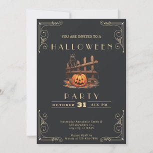 Convite Quadro Negro Preto e Dourado Gato Preto Halloween