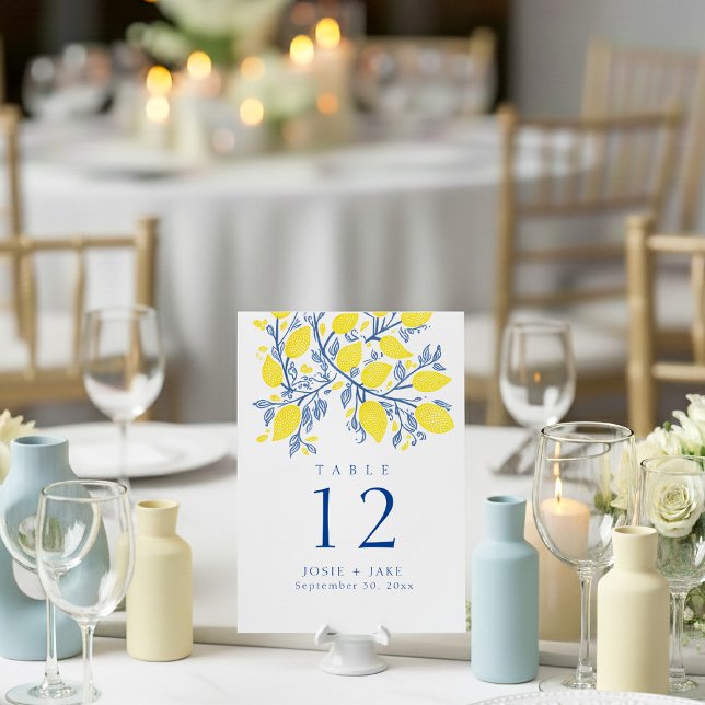 Convite Quadro Número de Sentados das Vinhas de Limão Bril (Bright yellow and blue wedding table number place card.)