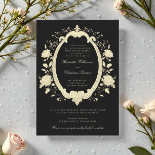 Convite Quadro Oval Floral Dourado Casamento Preto Elegant