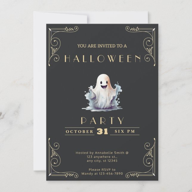 Convite Quadro Preto & Dourado Fantasma Fofo Halloween (Frente)