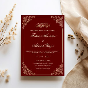 Convite Quadro Rococó Ornate Dourado Burgundy Casamento Mu