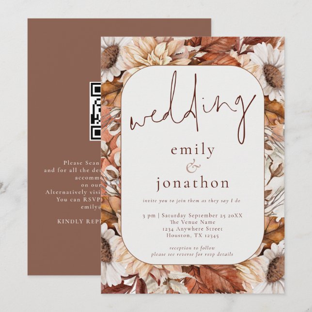 Convite Quadro Rústico de Terracota com Florais Código QR  (Frente/Verso)