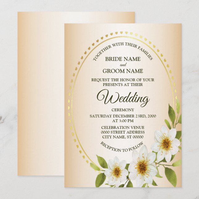 Convite Quadro Rústico Dourado Floral Branco Casamento Pês (Frente/Verso)