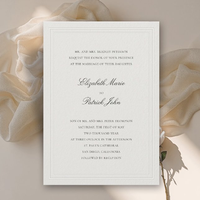 Convite Quadro Tandem Clássico Moderno Formal Ecru Casamen (formal wedding invitation modern classic double frame elegant ecru calligraphy parents host)