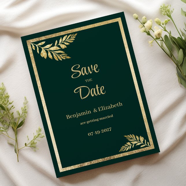 Convite Quadro verde-escuro de luxo folha ouro Salvar data (Luxury dark green golden leaf frame Save the Date)