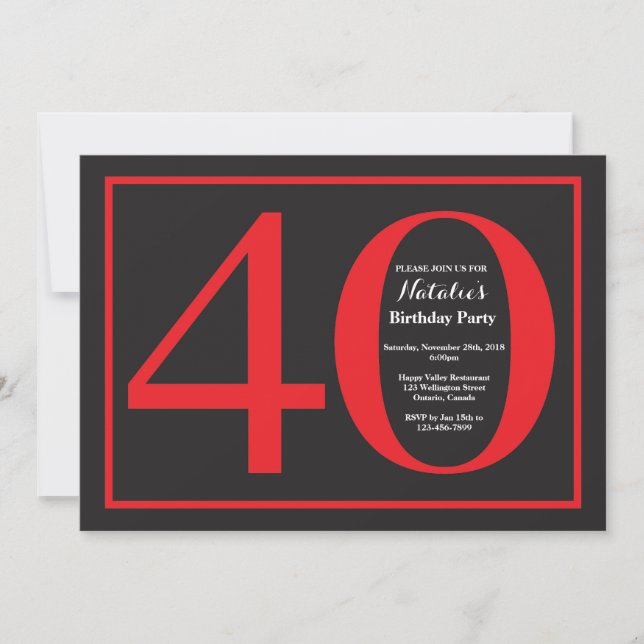 Convite Quadro vermelho e preto do aniversário de 40 anos (Frente)