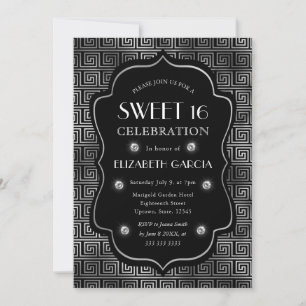Convite Quadro Vintage Art Déco Preto e Prata Sweet 16