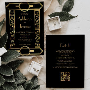 Convite Quadro Vintage Deco Dourado Código QR Casamento Pr