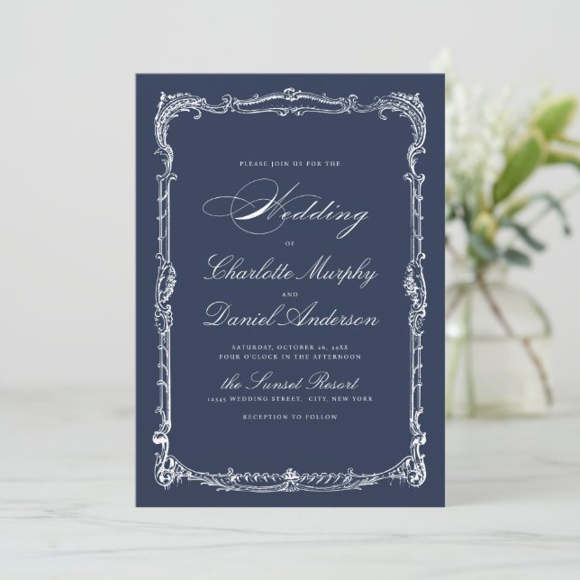 Convite Quadro Vintage Marinho Escrito Clássico Casamento  (Em pé/Frente)