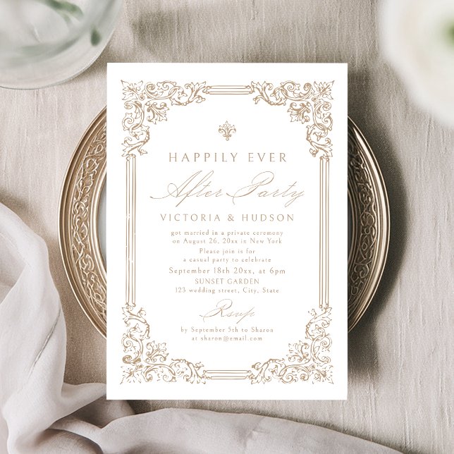 Convite Quadro Vintage Neutro Festa Felizes Para Sempre (Neutral Vintage Frame Happily Ever After Party Invitation)