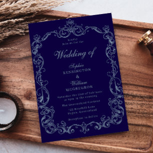 Convite Quadro Vintage Vitoriano Casamento Clássico Azul-M