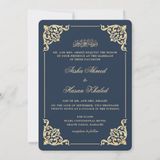 Convite Quadro Vitoriano Azul Marinho Dourado Casamento Mu