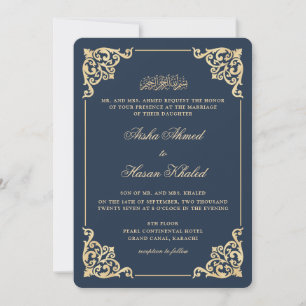 Convite Quadro Vitoriano Azul Real Dourado Casamento Muçul