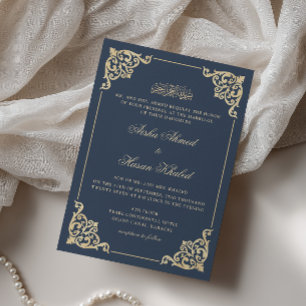 Convite Quadro Vitoriano Azul Real Dourado Casamento Muçul