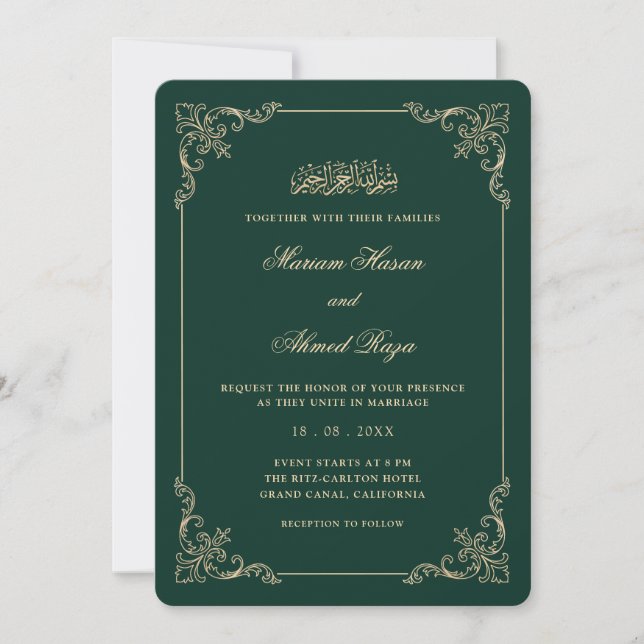 Convite Quadro Vitoriano Dourado Esmeralda Verde Casamento (Frente)
