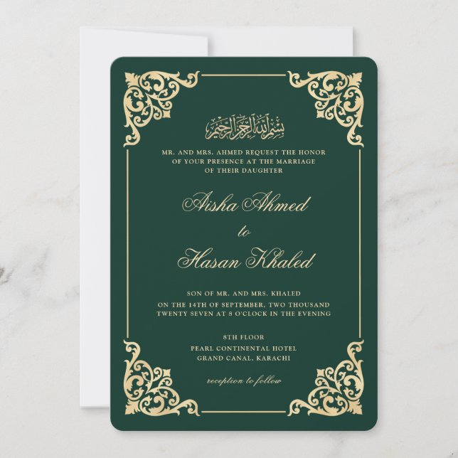 Convite Quadro Vitoriano Dourado Esmeralda Verde Casamento (Frente)