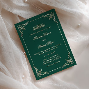 Convite Quadro Vitoriano Dourado Esmeralda Verde Casamento