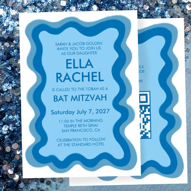Convite Quadro Wavy Modern Personalizado CÓDIGO QR Bar Bat (Wavy Frame Modern Custom QR CODE Bar Bat Mitzvah Invitation
)