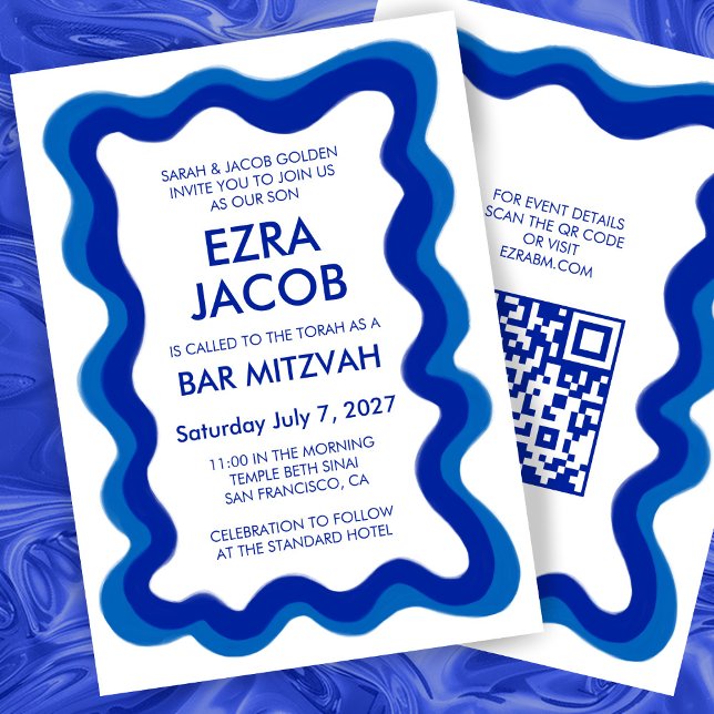 Convite Quadro Wavy Modern Personalizado CÓDIGO QR Bar Bat (Wavy Frame Modern Custom QR CODE Bar Bat Mitzvah Invitation
)