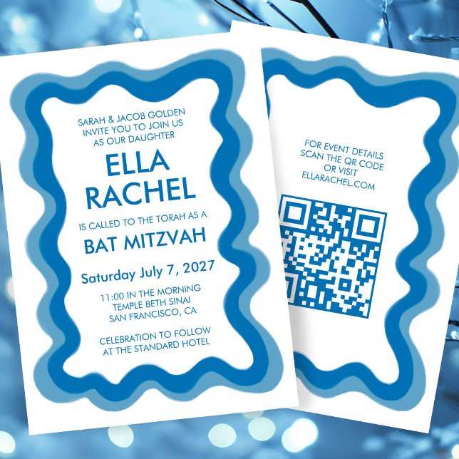 Convite Quadro Wavy Modern Personalizado CÓDIGO QR Bar Bat (Wavy Frame Modern Custom QR CODE Bar Bat Mitzvah Invitation
)