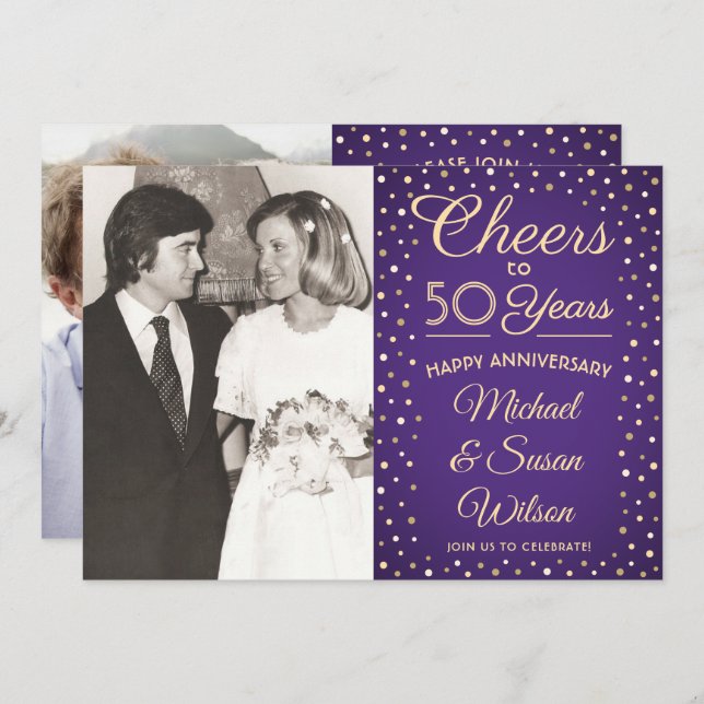 Convite QUAISQUER Aniversário 2 Foto anima Purple & Dourad (Frente/Verso)