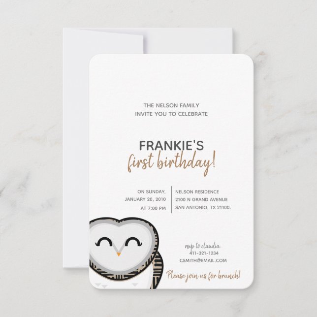 Convite QUAISQUER Festa de aniversário de floresta AGE OWL (Frente)