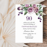 Convite Qualquer 90 de Aniversário de Rosa de Plum Roxo de<br><div class="desc">Coleção Elegante de Convocação de 90 de Aniversário de Rosa de Roxo de ameixa em Niche e Nest. Design cortesia de: https://www.etsy.com/shop/SmallHouseBigPony</div>