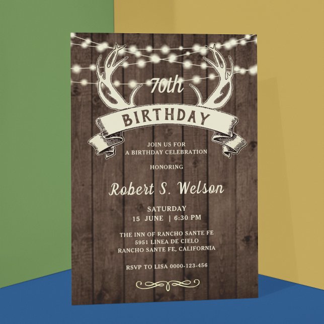 Convite QUALQUER AGE Rustic Antlers Banner Male's Birthday (Criador carregado)