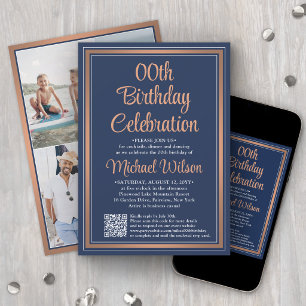 Convite Qualquer Aniversário • Código QR Azul-Navy e Cobre