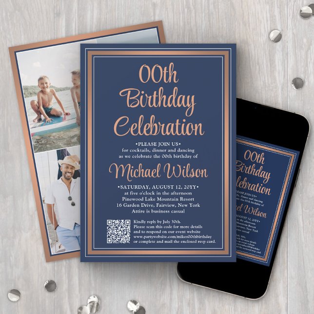 Convite Qualquer Aniversário • Código QR Azul-Navy e Cobre (Criador carregado)