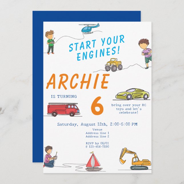 Convite Qualquer Aniversário de criança de motor do carro  (Frente/Verso)
