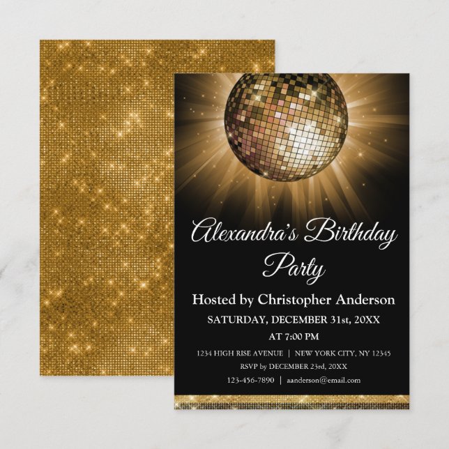Convite Qualquer Bola de Disco Sparkle Dourada com Festa d (Frente/Verso)