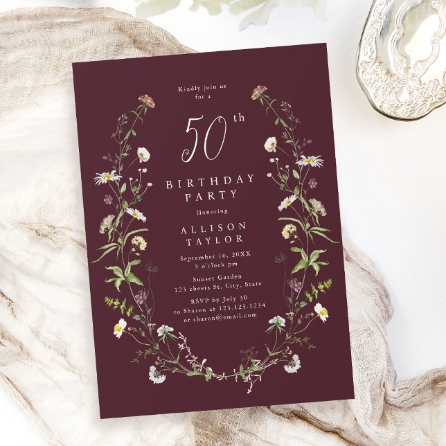 Convite Qualquer Burgódia Idade de Flor Selvagem Boho 50º  (Any Age burgundy Wildflower Boho 50th Birthday Invitation)