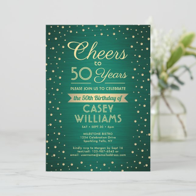 Convite Qualquer Confetes Verdes e Dourados para Aniversár (Em pé/Frente)