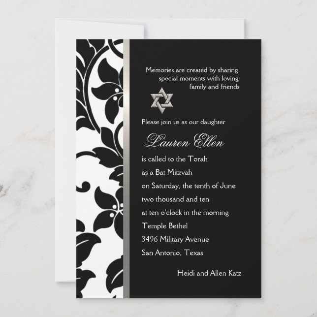 Convite Qualquer cor com o Bat Mitzvah preto Damask (Verso)