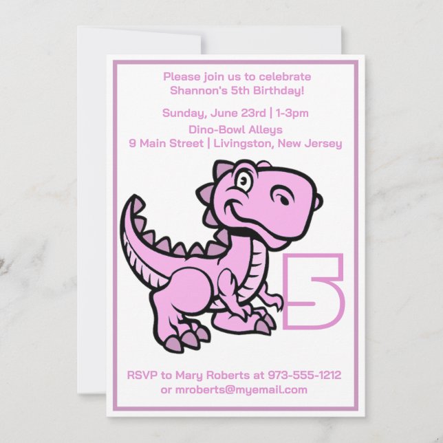 Convite Qualquer Dinossauro Rosa T Rex Idade Aniversário (Frente)