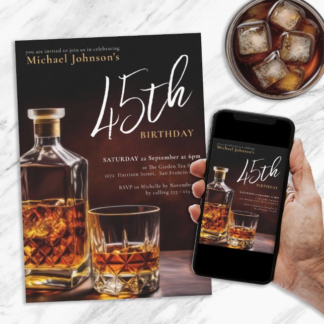 Convite Qualquer Elegante Dourado Negro de Uísque de Anive (Any Age Birthday Whiskey Black Gold Classy Elegant Invitation)