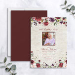 Convite Qualquer Era Russo Burgundy Foto Floral Aniversári<br><div class="desc">Um belo convite de aniversário rústico,  com uma foto no topo,  embelezado com buquês florais de cor d'água entrelaçados em um latido de pássaro falso. Adequado para qualquer idade,  pois o texto pode ser personalizado facilmente. Copyright Elegant Invites,  todos os direitos reservados.</div>